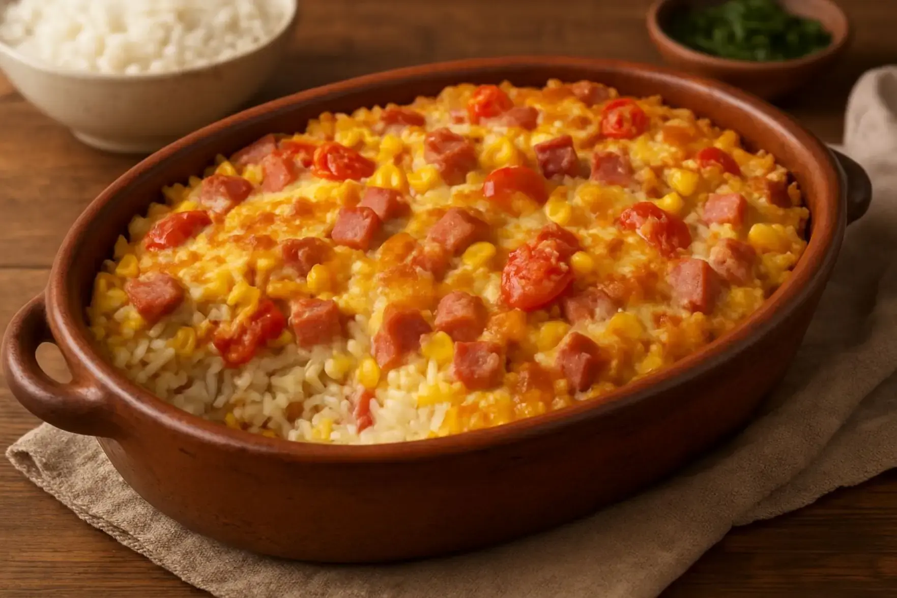 Arroz de forno com queijo e presunto