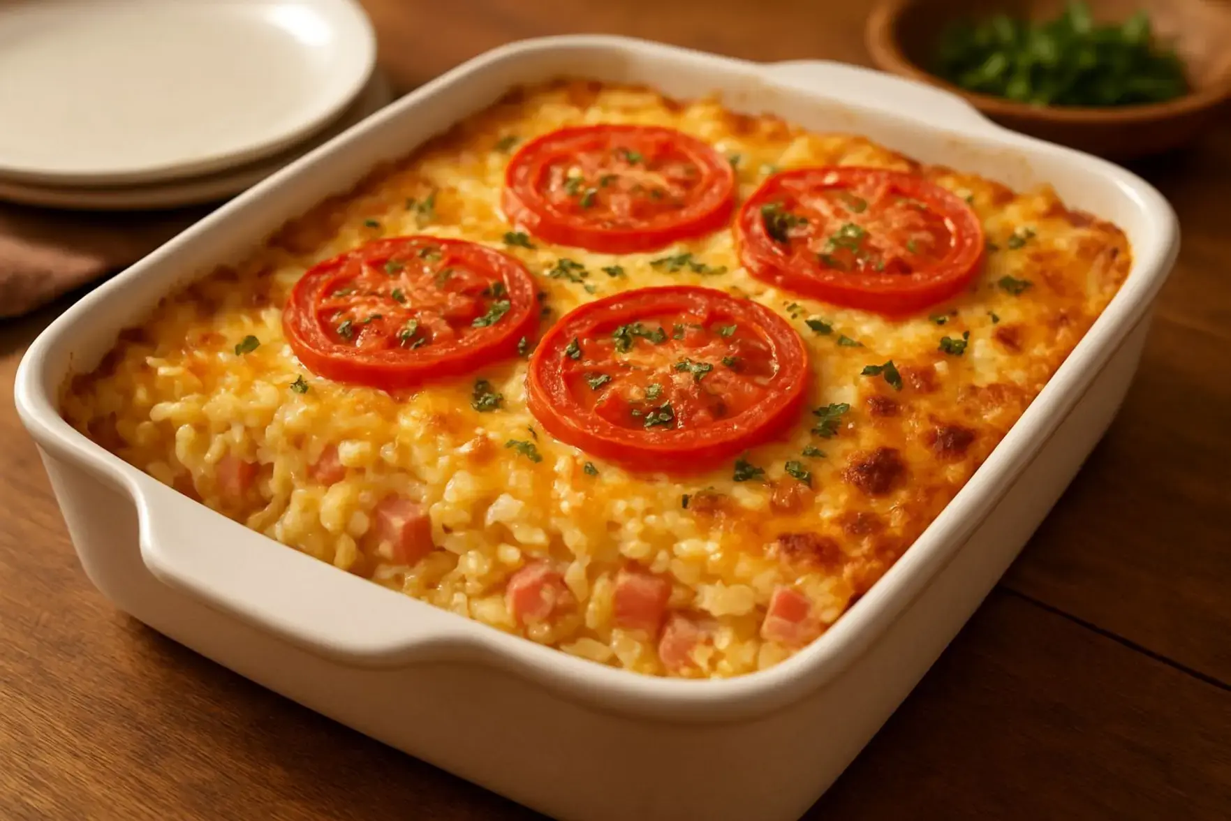 Arroz de forno cremoso com presunto e queijo