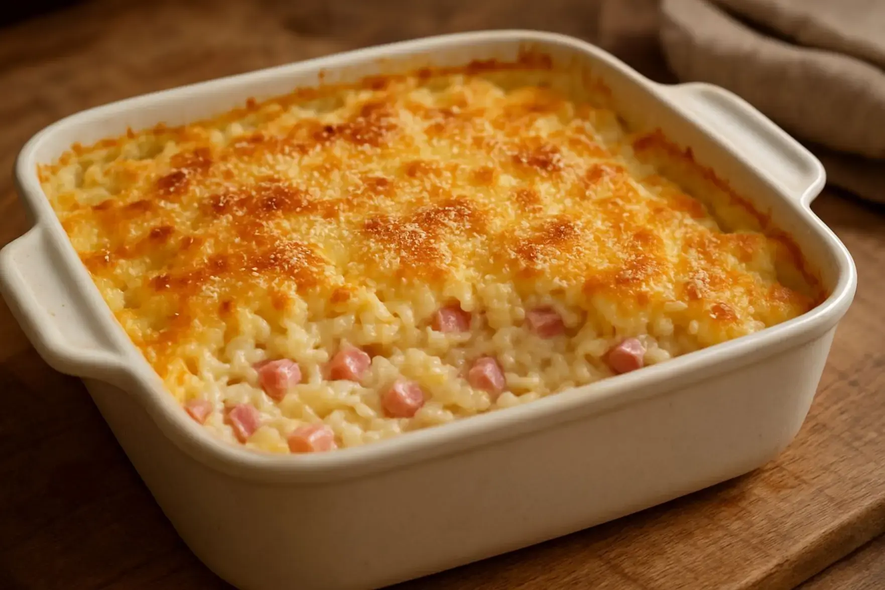 Arroz de forno cremoso com presunto e queijo