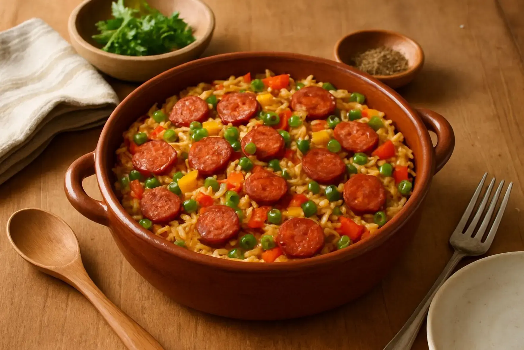 Receita de arroz de uma panela só com linguiça Receita de arroz de uma panela só com linguiça