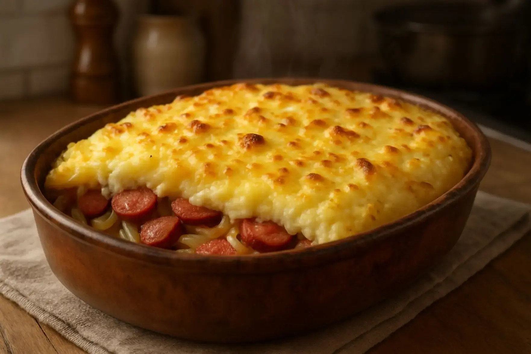 Escondidinho de linguiça acebolada Escondidinho de linguiça acebolada