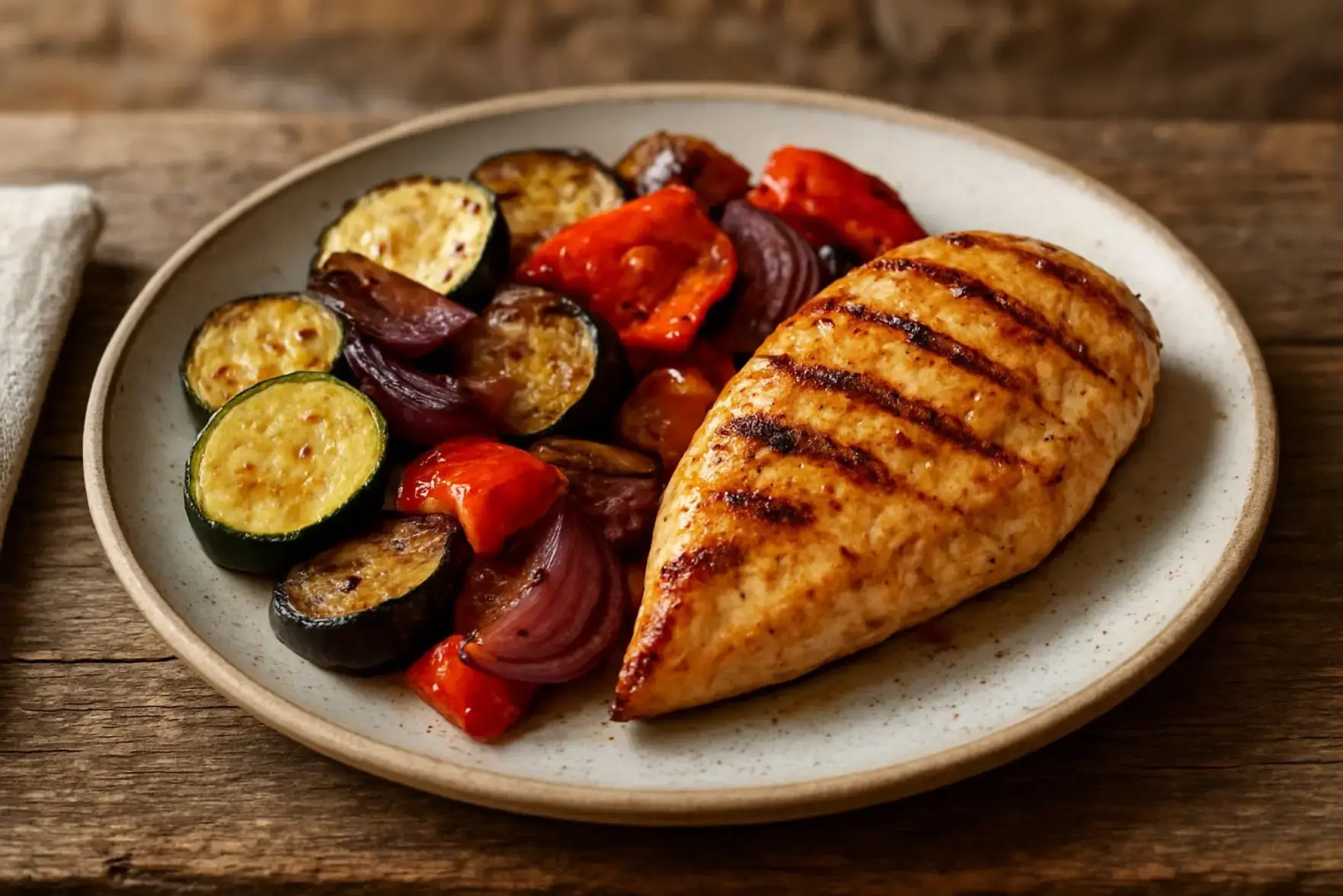 Frango grelhado com legumes assados