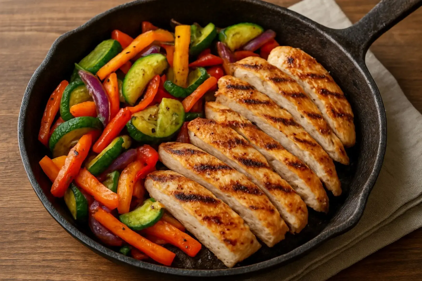 Frango grelhado com legumes na frigideira