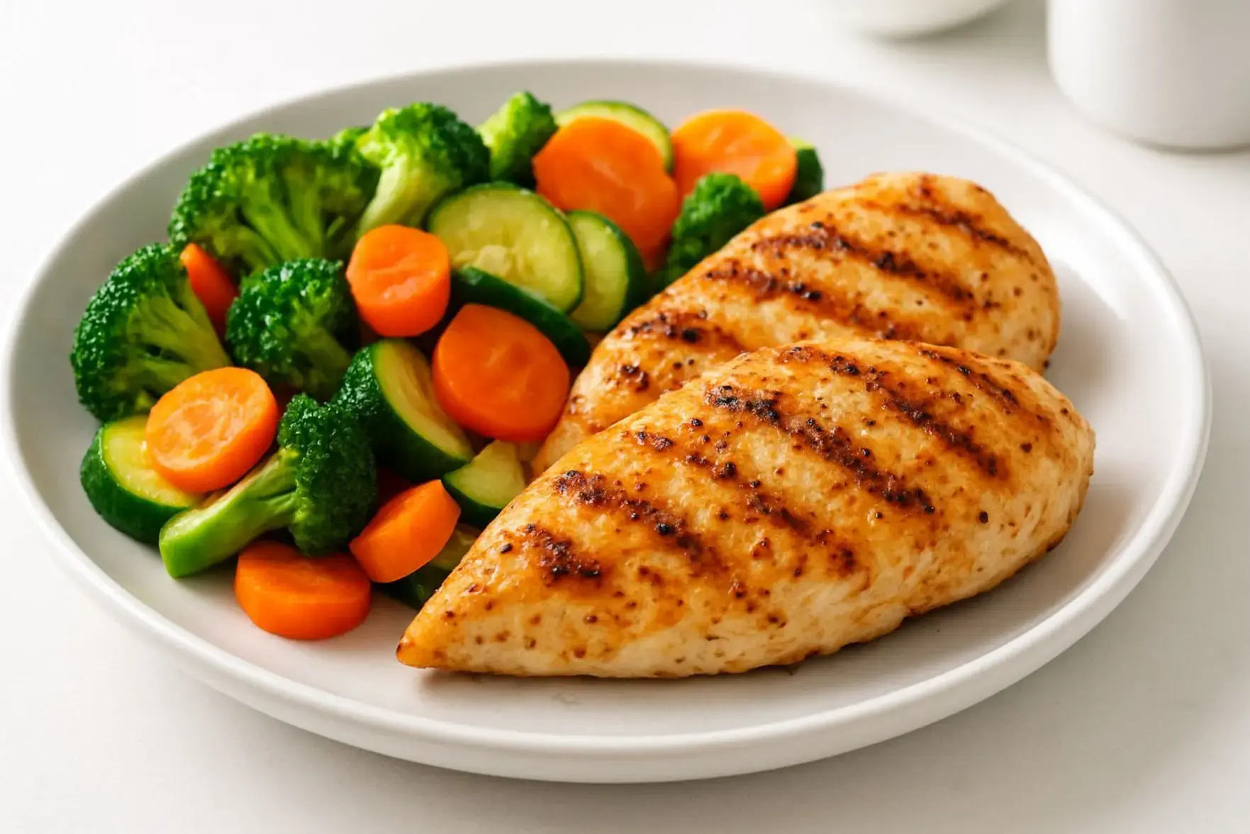 Frango grelhado com legumes no micro-ondas Frango grelhado com legumes no micro-ondas