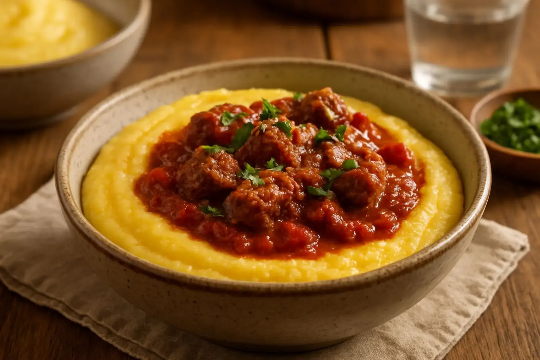 Polenta cremosa com carne em uma panela só Polenta cremosa com carne em uma panela só