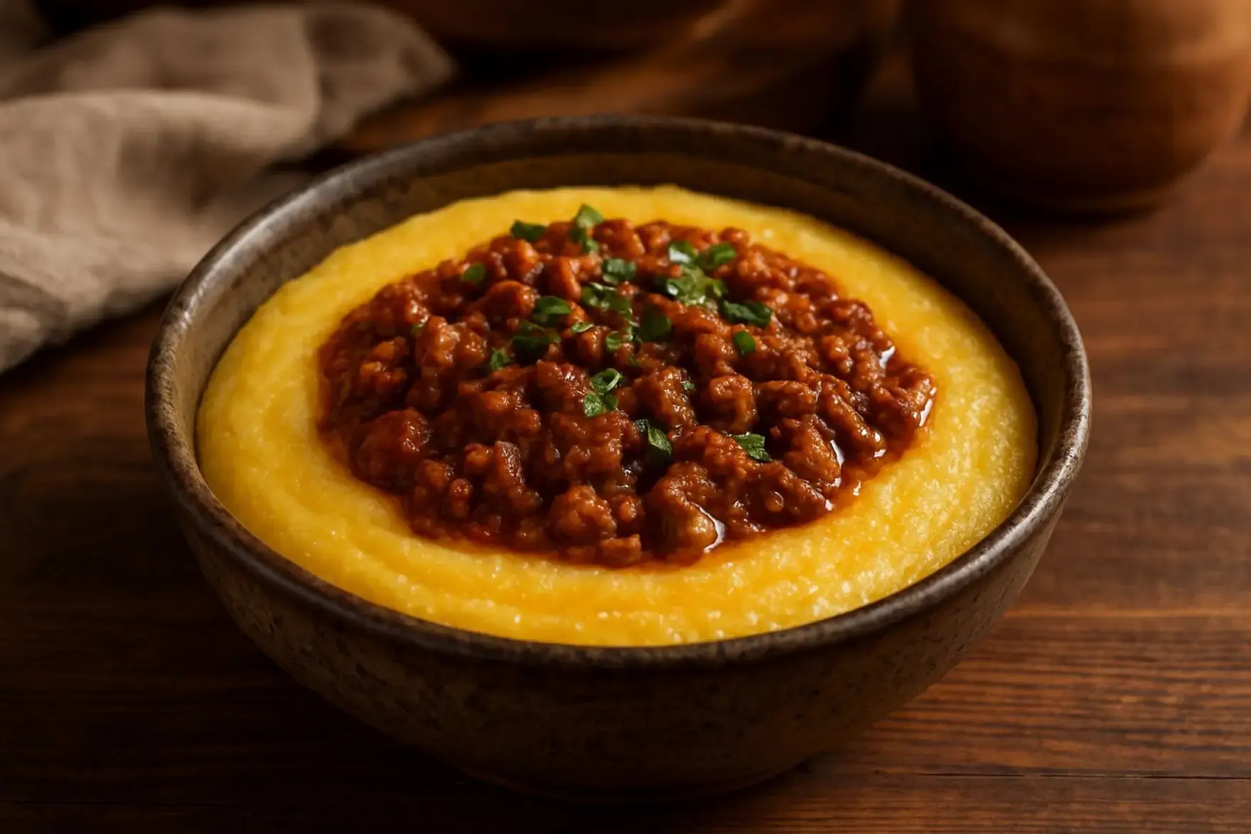 Polenta cremosa com carne moída