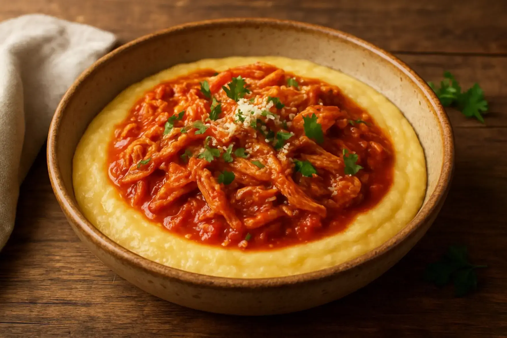 Receita de polenta cremosa com frango desfiado
