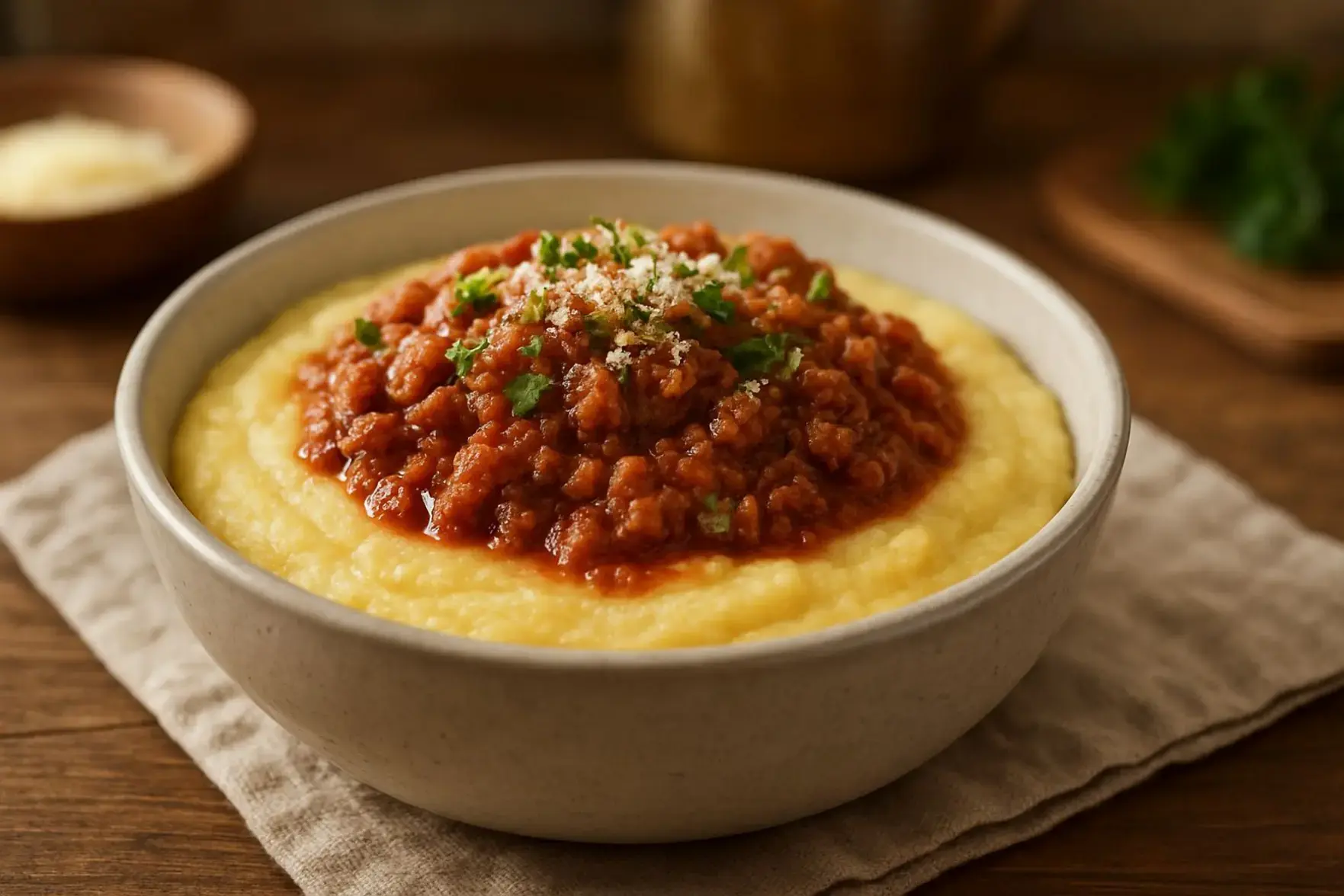 Polenta cremosa com molho de carne Polenta cremosa com molho de carne