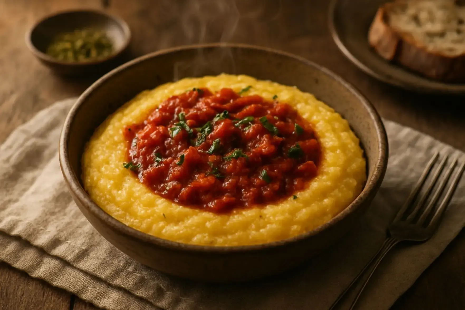 Polenta cremosa com queijo e molho