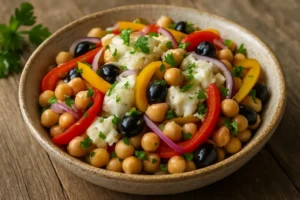 salada de grão de bico com bacalhau