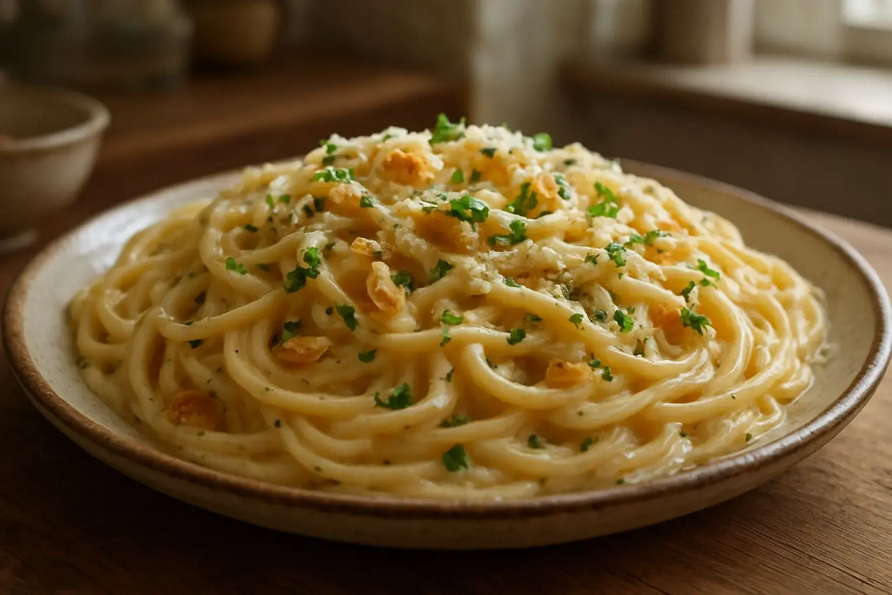 Receita de espaguete ao alho cremoso Receita de espaguete ao alho cremoso