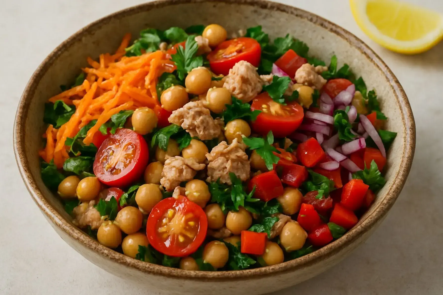 Salada colorida de grão-de-bico e atum Salada colorida de grão-de-bico e atum