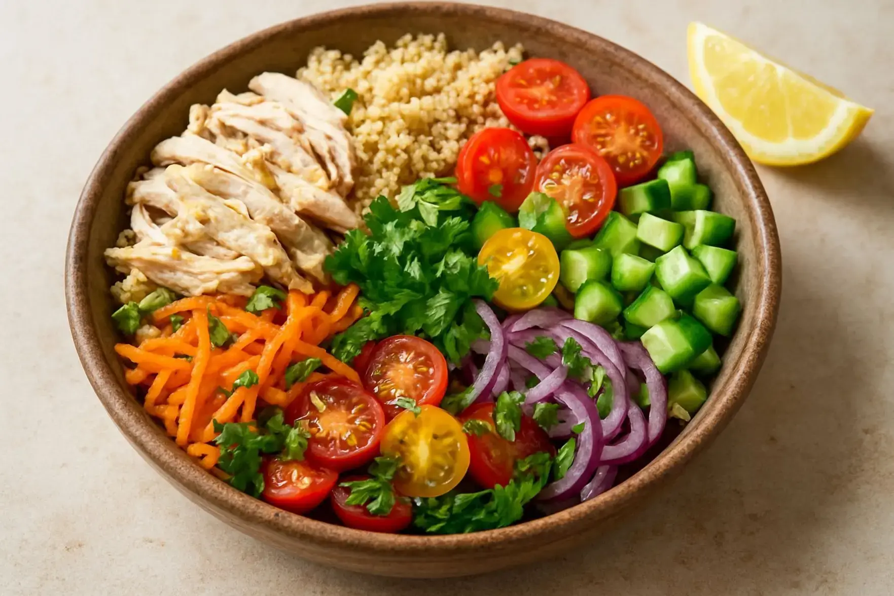 Salada completa de frango com quinoa Salada completa de frango com quinoa