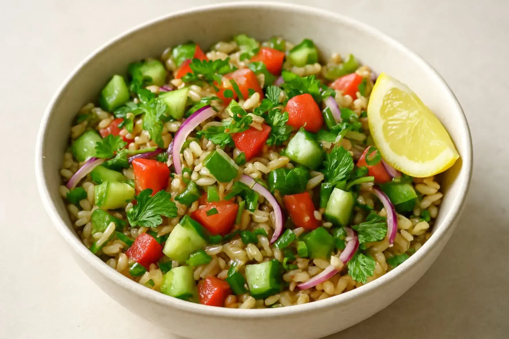 Salada de arroz integral, pepino e ervas Salada de arroz integral, pepino e ervas