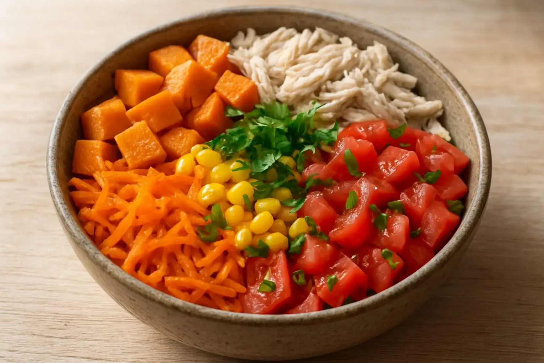 Salada de batata-doce com frango desfiado Salada de batata-doce com frango desfiado