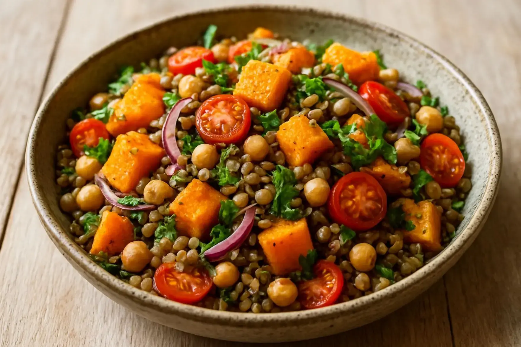 Salada de grãos com abóbora assada Salada de grãos com abóbora assada