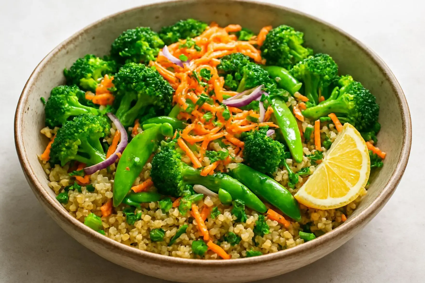 Salada de quinoa com brócolis e ervilha torta Salada de quinoa com brócolis e ervilha torta